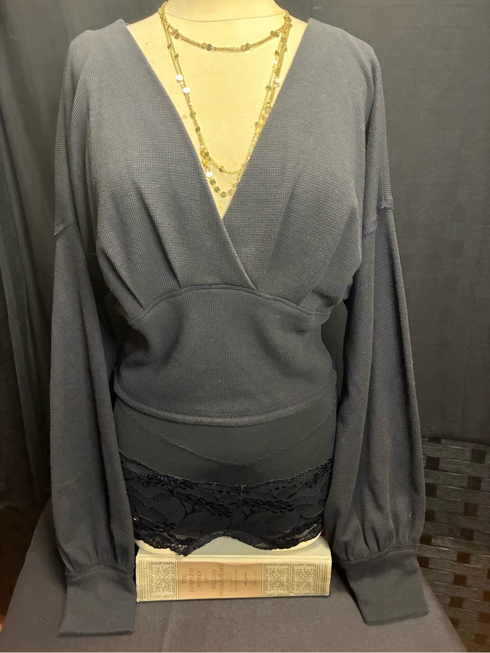 We The Free Deep V Long Sleeve Lace Hem Pullover - Black